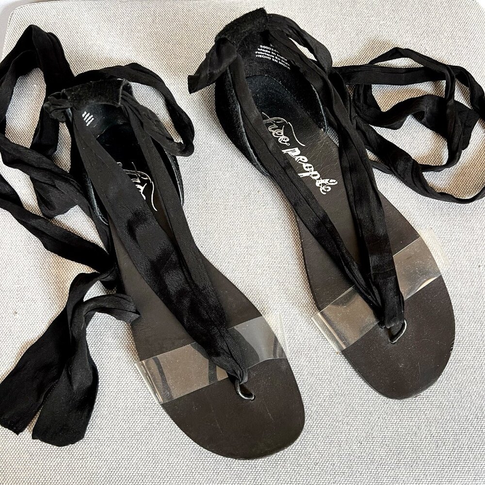 FREE PEOPLE $80 Black Barcelona Tie Sandals 38 Boho Suede Ankle Wrap Flat - Picture 3 of 8